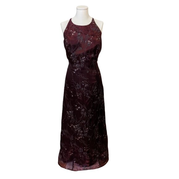 Vintage 90s Burgundy Dress Prom Formal Silver Floral Whimsygoth Witchy Sz 10 - Picture 11 of 12